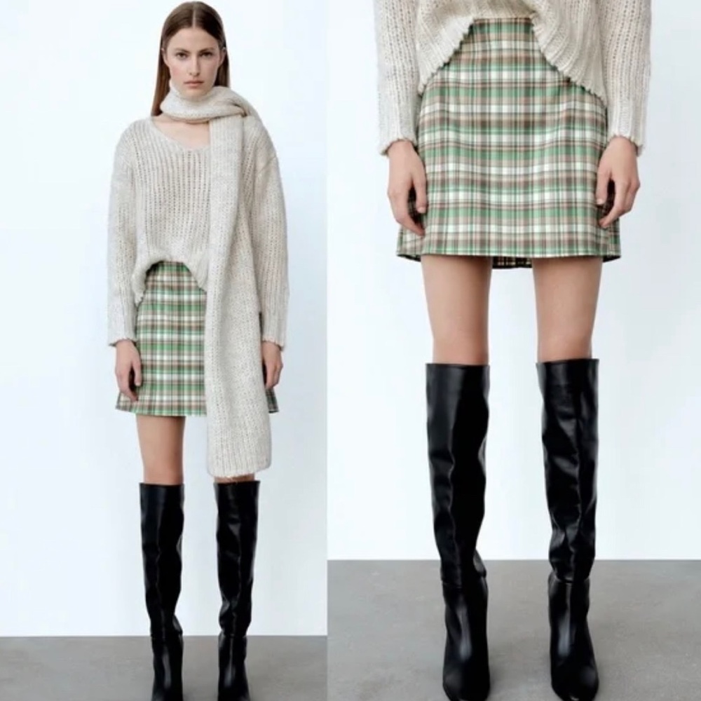 Zara Green Plaid Mini Skirt Sz M NWT